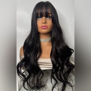 Long Black Wavy Synthetic Wig with Bangs 28 Layered Classic Wig Cap – Heat-Safe